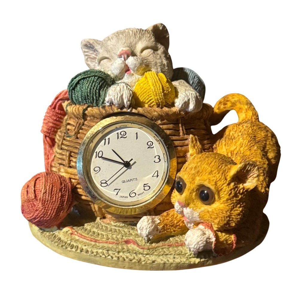 Vintage Cat & Yarn Basket Miniature Quartz Desk Clock Figurine Decor Not Working